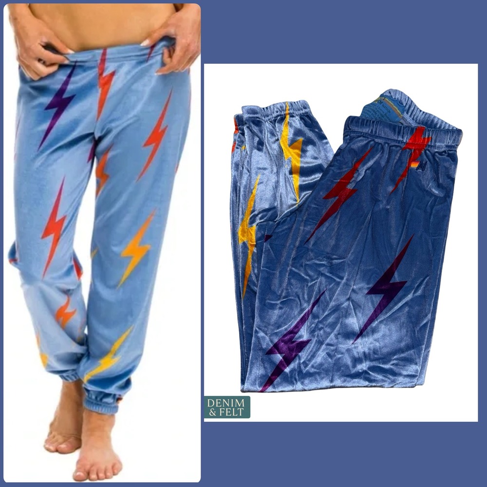 Aviator Nation Lightning Bolt Velvet Sweatpants Retro Rainbow Lounge Joggers